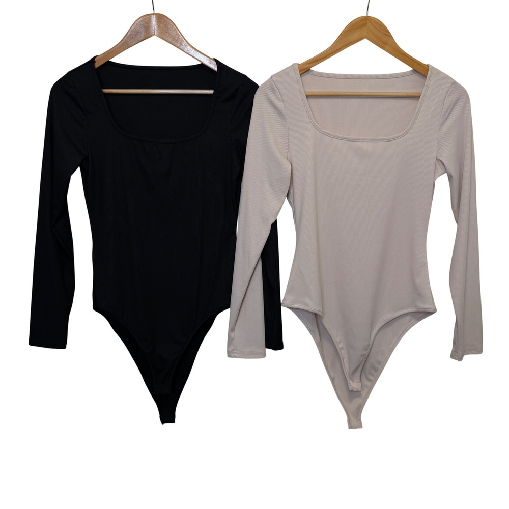Bodysuit Set Womens L Black Cream Ribbed Square Neck Minimalist Layers Essential